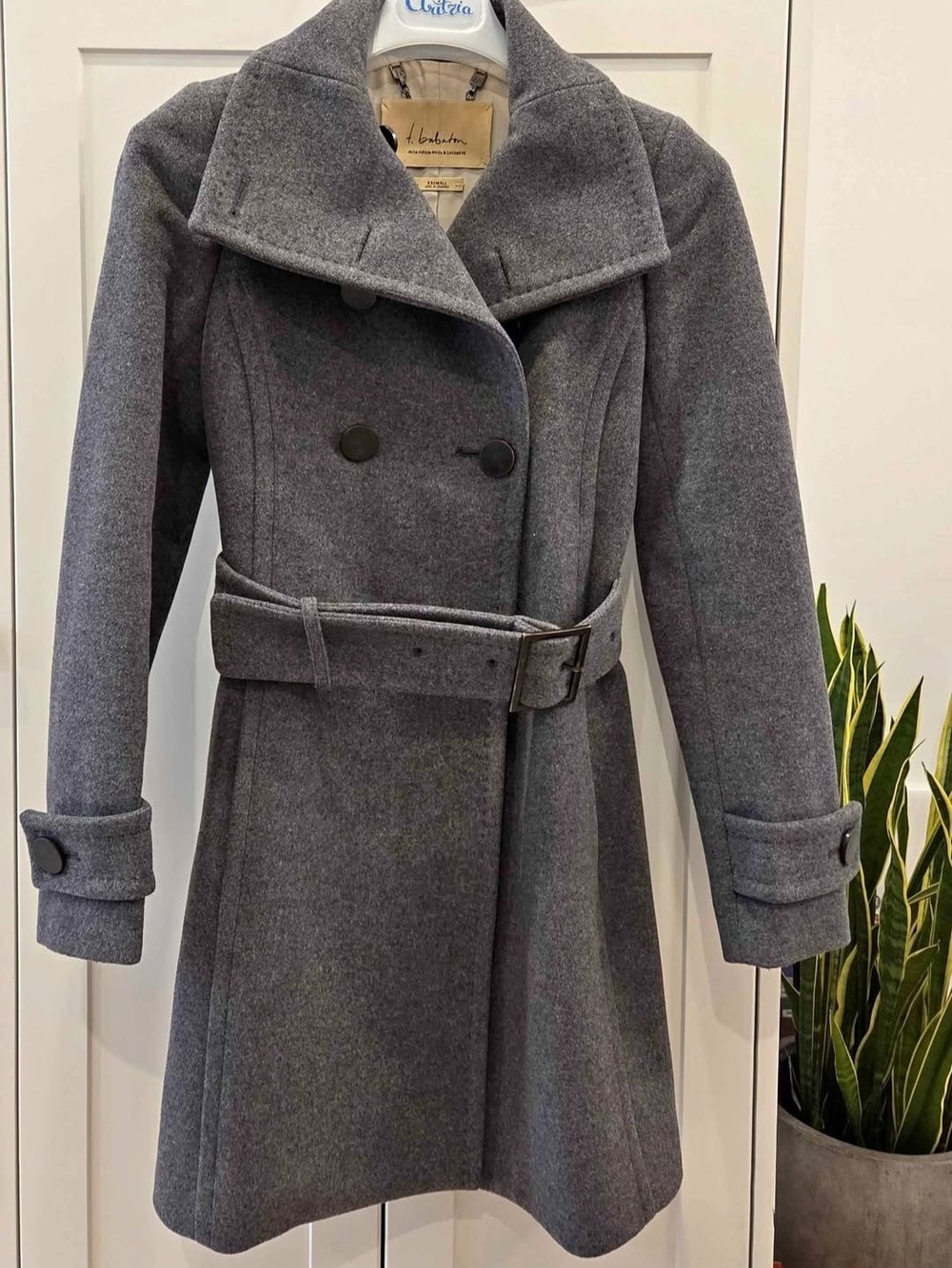 Aritzia Talula Babaton Double-Breasted Gray Wool Trench Coat with Belt